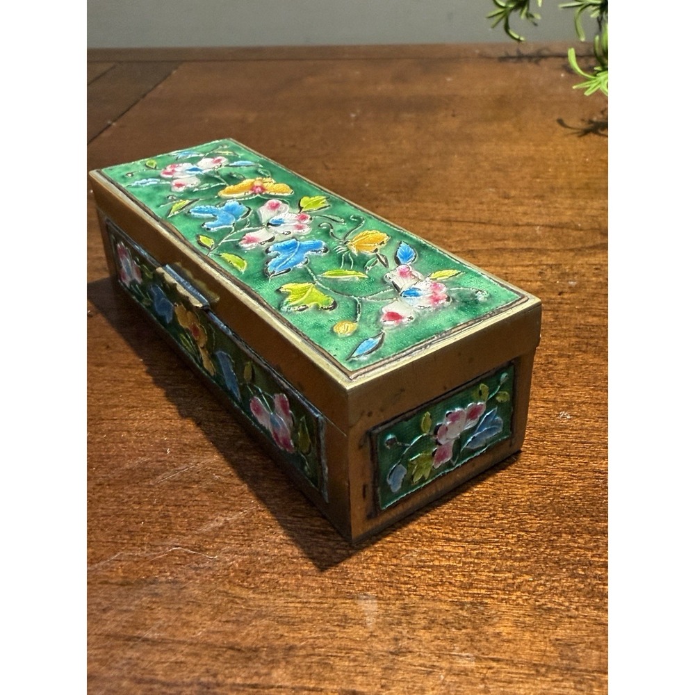 VTG CHINESE CLOISONNE ENAMEL BRASS HINGED STAMP TRINKET BOX MARKED - Picture 6 of 11